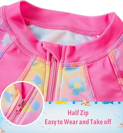 Girls Long Sleeve Rashguard Half Zip Swimsuits UPF 50+ Two Piece Swim Sets with Hairband 5-12Y