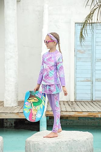 Girls Long Sleeve Rashguard Half Zip Swimsuits UPF 50+ Two Piece Swim Sets with Hairband 5-12Y