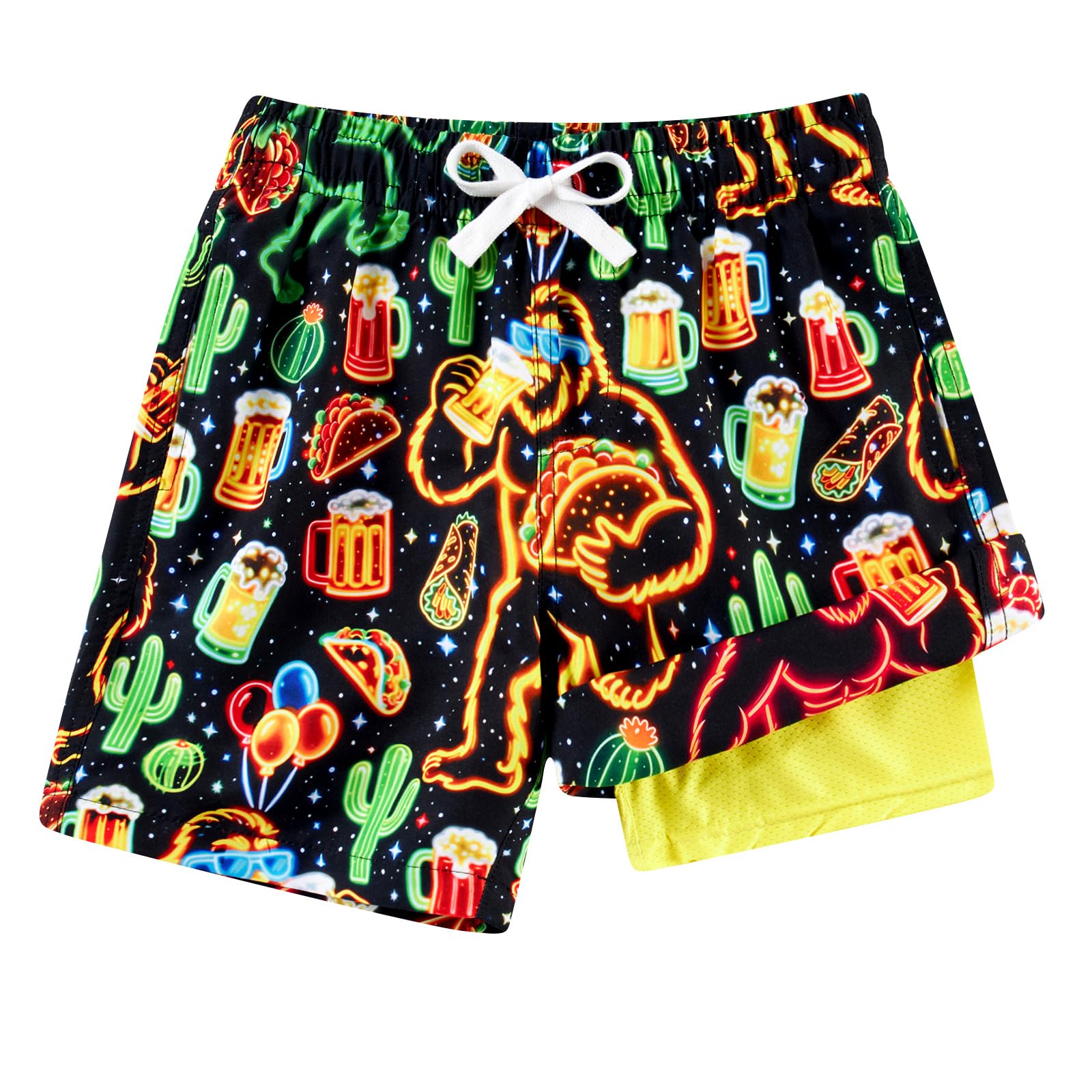 Cozople Boys Swim Trunks with Compression Liner Neon Bathing Suit Quick Dry Swim Shorts Swimsuit 7-16T