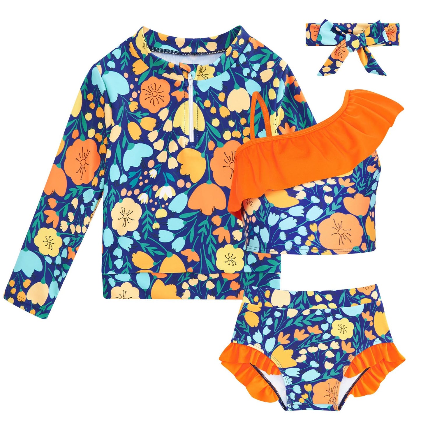 Funnycokid Baby Toddler Girls Swimsuit 4 Piece Bathing Suit Long Sleeve Rash Guard Sets 6 Months - 5 Years