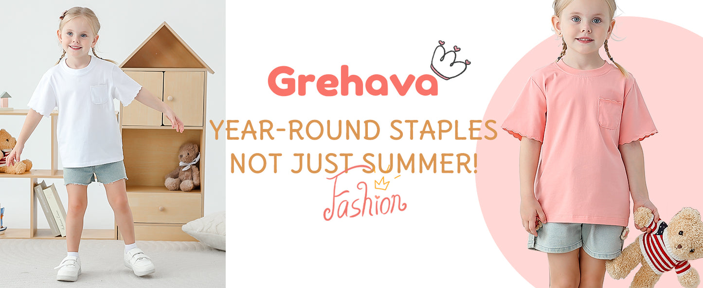 Girls Scalloped Edged T-Shirts with Pocket 3-6 Years Casual Cotton Tee Tops Blouse