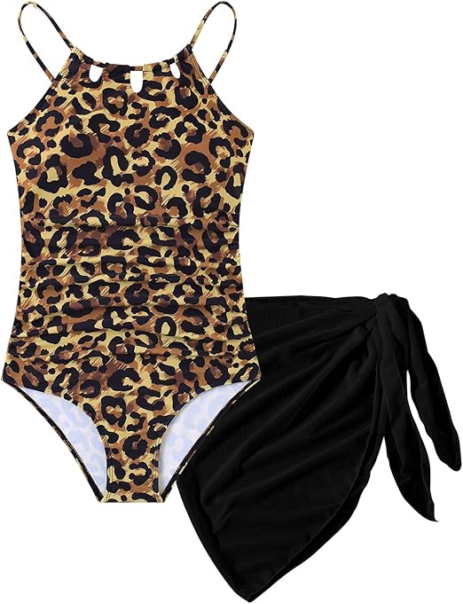 Girls Swimsiut One-Piece Bathing Suit with Mesh Cover Ups Adjustable Straps Cut Out Swimwear Size 7-16