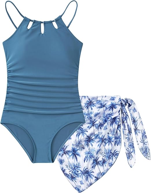 Girls Swimsiut One-Piece Bathing Suit with Mesh Cover Ups Adjustable Straps Cut Out Swimwear Size 7-16