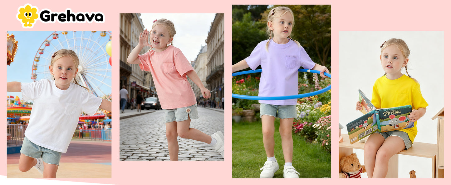 Girls Scalloped Edged T-Shirts with Pocket 3-6 Years Casual Cotton Tee Tops Blouse