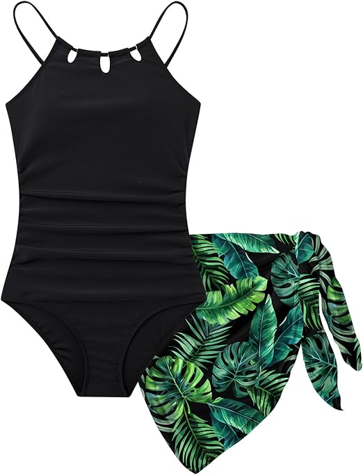 Girls Swimsiut One-Piece Bathing Suit with Mesh Cover Ups Adjustable Straps Cut Out Swimwear Size 7-16