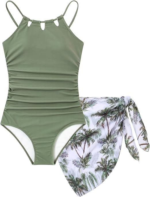 Girls Swimsiut One-Piece Bathing Suit with Mesh Cover Ups Adjustable Straps Cut Out Swimwear Size 7-16