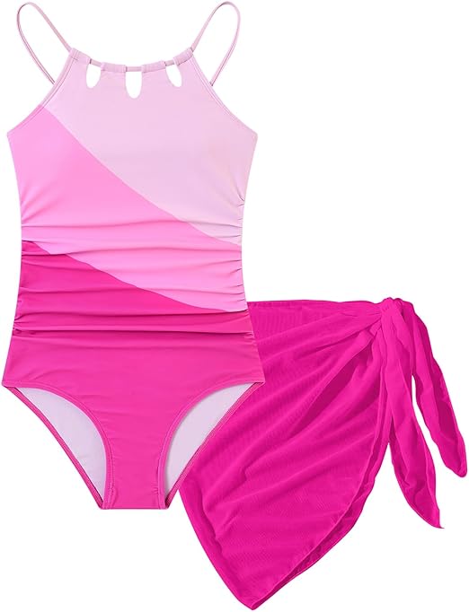 Girls Swimsiut One-Piece Bathing Suit with Mesh Cover Ups Adjustable Straps Cut Out Swimwear Size 7-16
