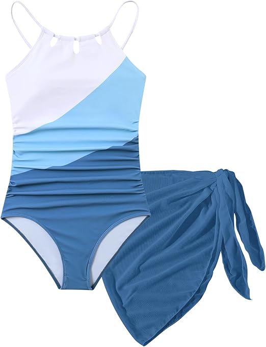 Girls Swimsiut One-Piece Bathing Suit with Mesh Cover Ups Adjustable Straps Cut Out Swimwear Size 7-16