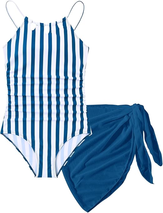 Girls Swimsiut One-Piece Bathing Suit with Mesh Cover Ups Adjustable Straps Cut Out Swimwear Size 7-16