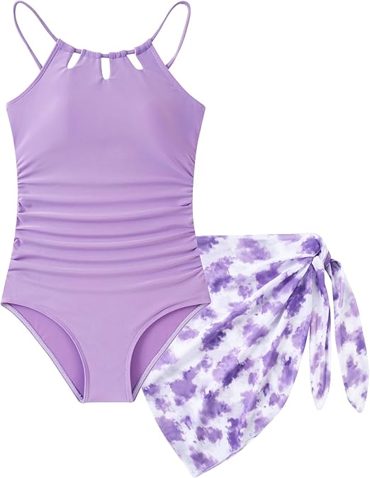 Girls Swimsiut One-Piece Bathing Suit with Mesh Cover Ups Adjustable Straps Cut Out Swimwear Size 7-16