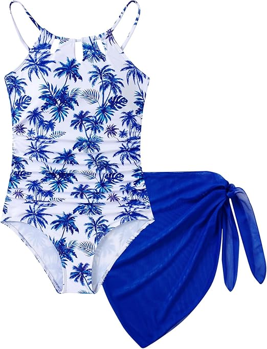 Girls Swimsiut One-Piece Bathing Suit with Mesh Cover Ups Adjustable Straps Cut Out Swimwear Size 7-16